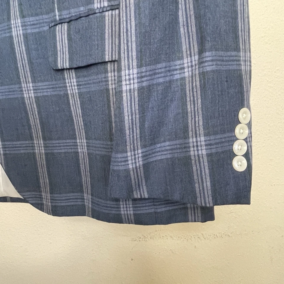 Abrigo Deportivo Alan River Mezcla Lana Lino Hombres 44R Azul Cuadros Madrás Blazer Chaqueta Foto 3 de 4