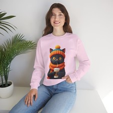Cozy Cat Sweatshirt - Cute Black Cat in Winter Hat and Scarf Holding a Coffee