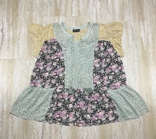 Gigio Womens Size L Sheer Floral Patchwork Boho Babydoll Top Relaxed Loose Fit 