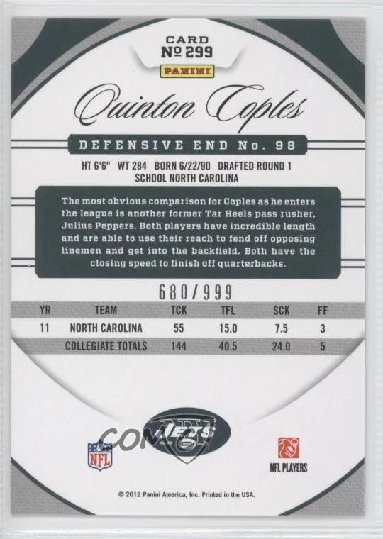 2012 Certified New Generation /999 Quinton Coples #299 Rookie RC - Image 2 of 2