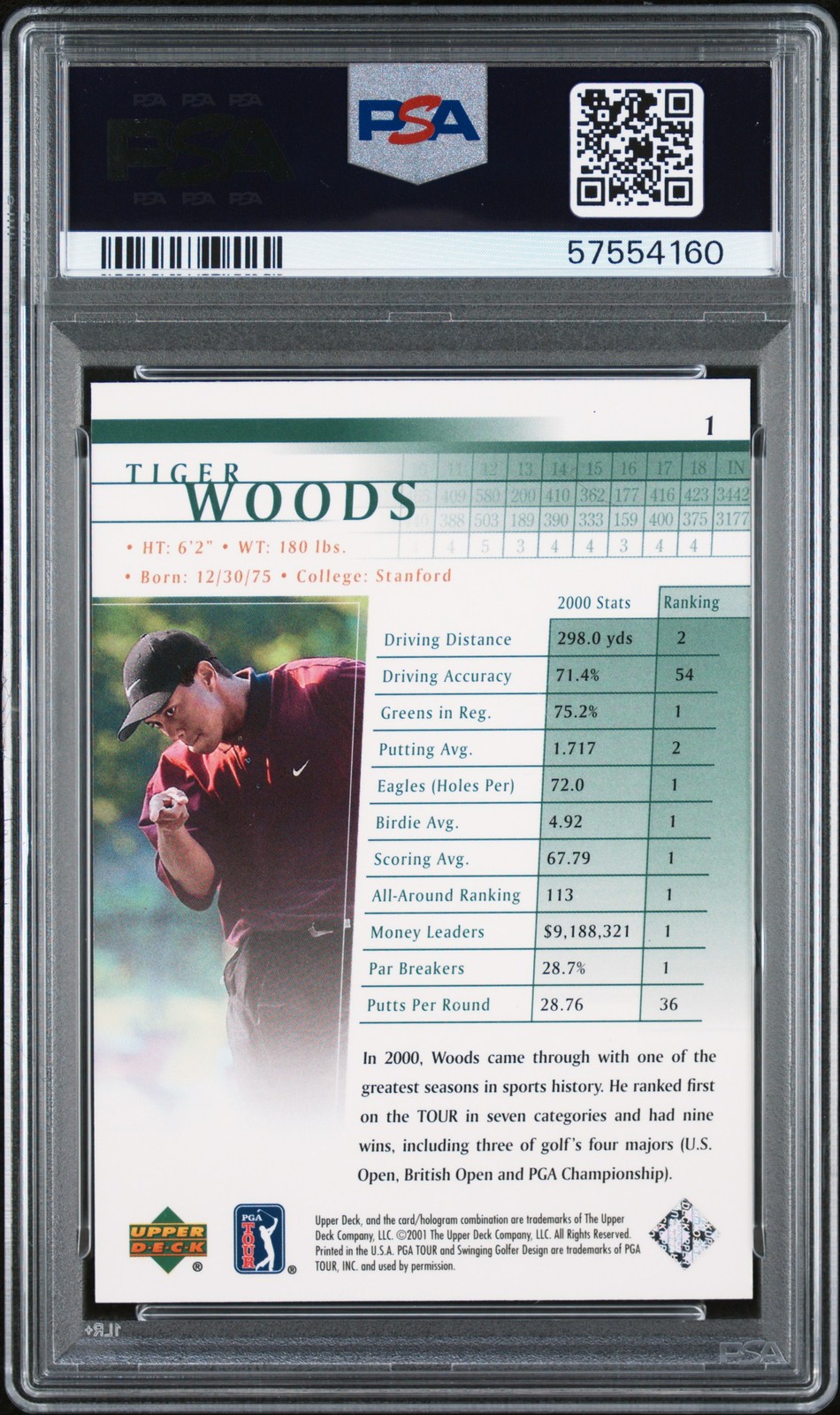 2001 UD GOLF #1 TIGER WOODS PSA 10 view 2