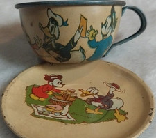 Disney Vintage Tin Tea Cup  Saucer Set Donald Duck Mickey Mouse Blue