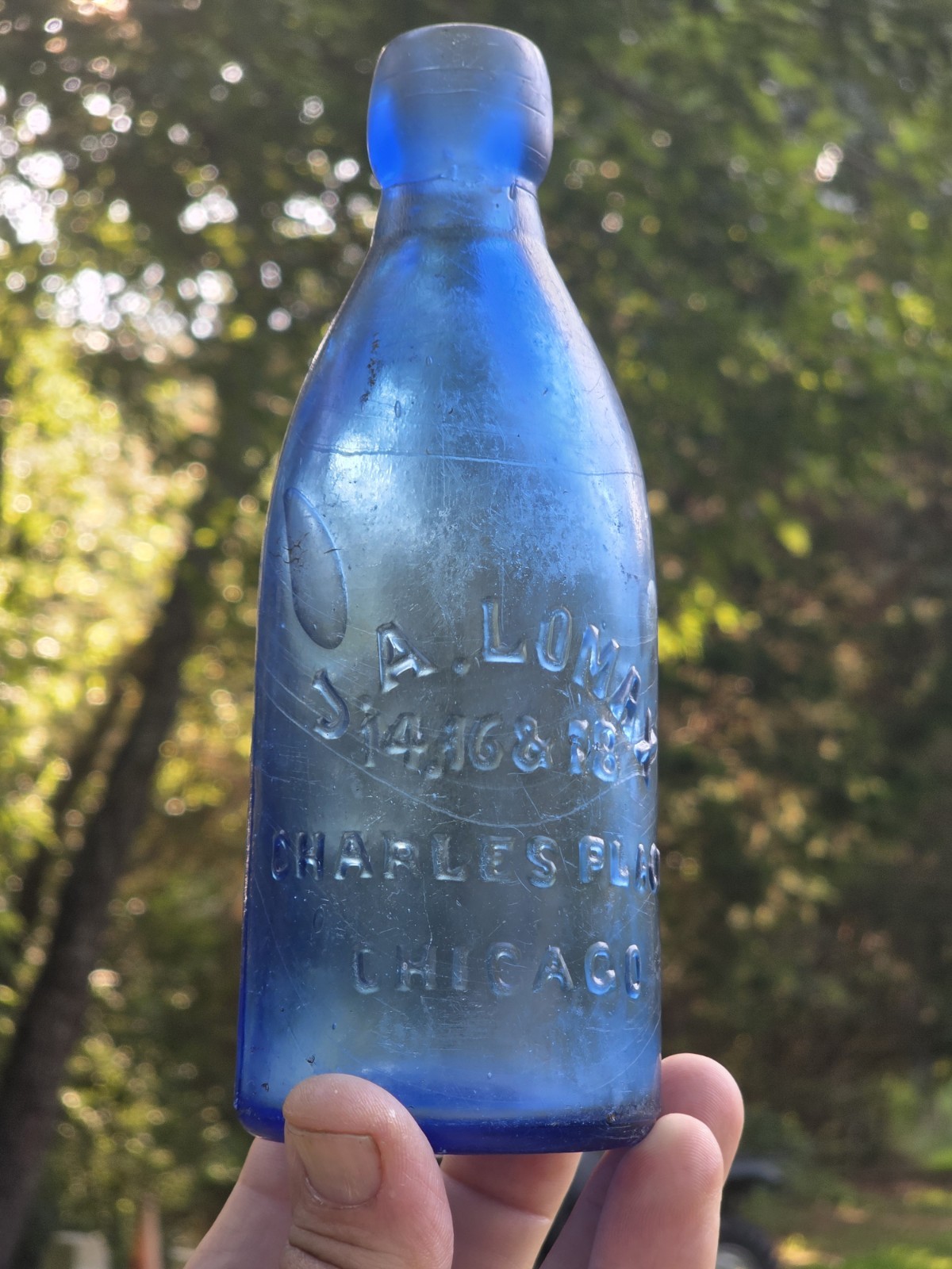 J.A.Lomax 14,16,&18 Charles Plaza Chicago Saphire Blue 1870s Blob Top Soda Bottl