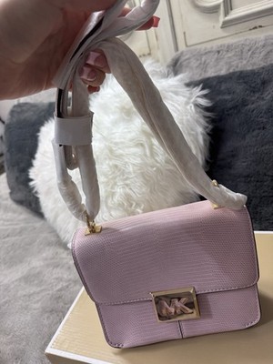 Michael Kors Pink White Lizard Embossed Shoulder Bag Gold Hardware Chain Strap