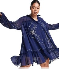 ASOS Curve Artsy Navy Blue Floral Embroidered Sheer Smock Dress, Boho, Sz 14