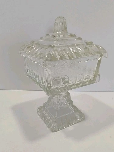 Jeanette Clear Glass Square Pedestal Candy Dish with Lid Wedding Box Compote Vtg
