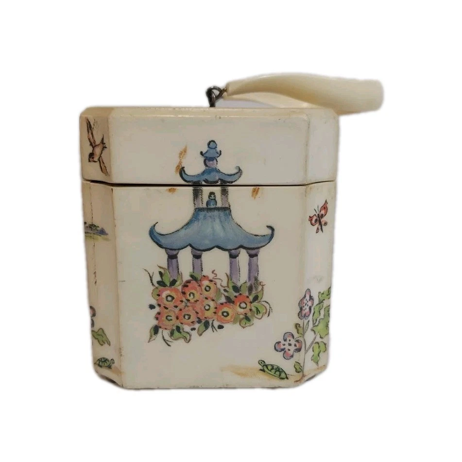 Vtg.Decoupage Rectangle Wood Purse Felt Lined Mirror Lucite Handle Oriental VGC - Image 4 of 4