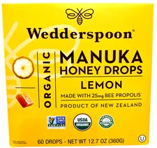 Wedderspoon Organic Manuka Honey Drops Lemon 60 Count EXP 08/2027