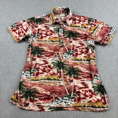 Vintage Go Barefoot Shirt Women Small Red Palm 1/2 Button Pullover USA Made