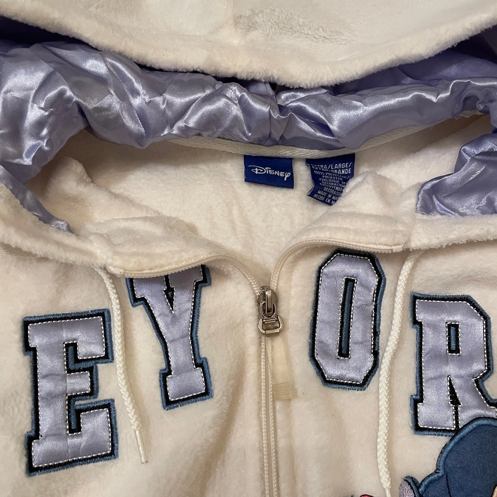 OFF WHITE Felpa con cappuccio vintage Disney Eeyore XL pile peluche ricamato zip Y2K nuova senza etichette rara