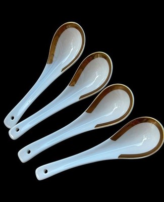 4er Set Longda Bone China Asiatische Suppenlöffel Goldrand 13 cm