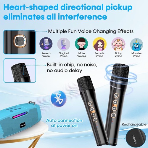 PEMACOM Portable Karaoke Machine With 2 Mics-Bluetooth-60w Powerful Sound-Blue - Picture 6 of 11