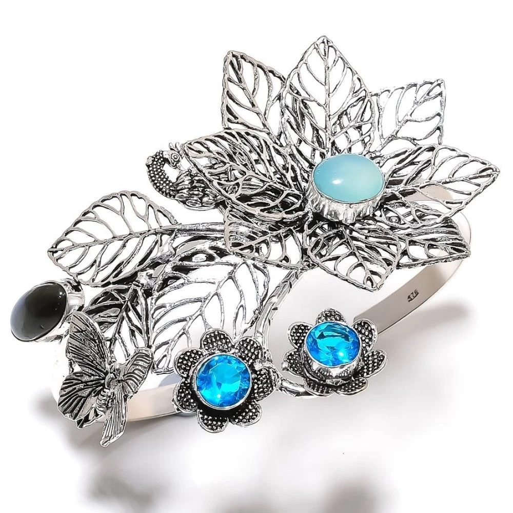 VALENTINO Bracciale Calcedonio Pietra Preziosa Topazio Argento Sterling 925 Regolabile n189