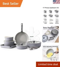 SENSARTE 17-Piece Ceramic Non-Stick Cookware Set with Removable Handle - Grey