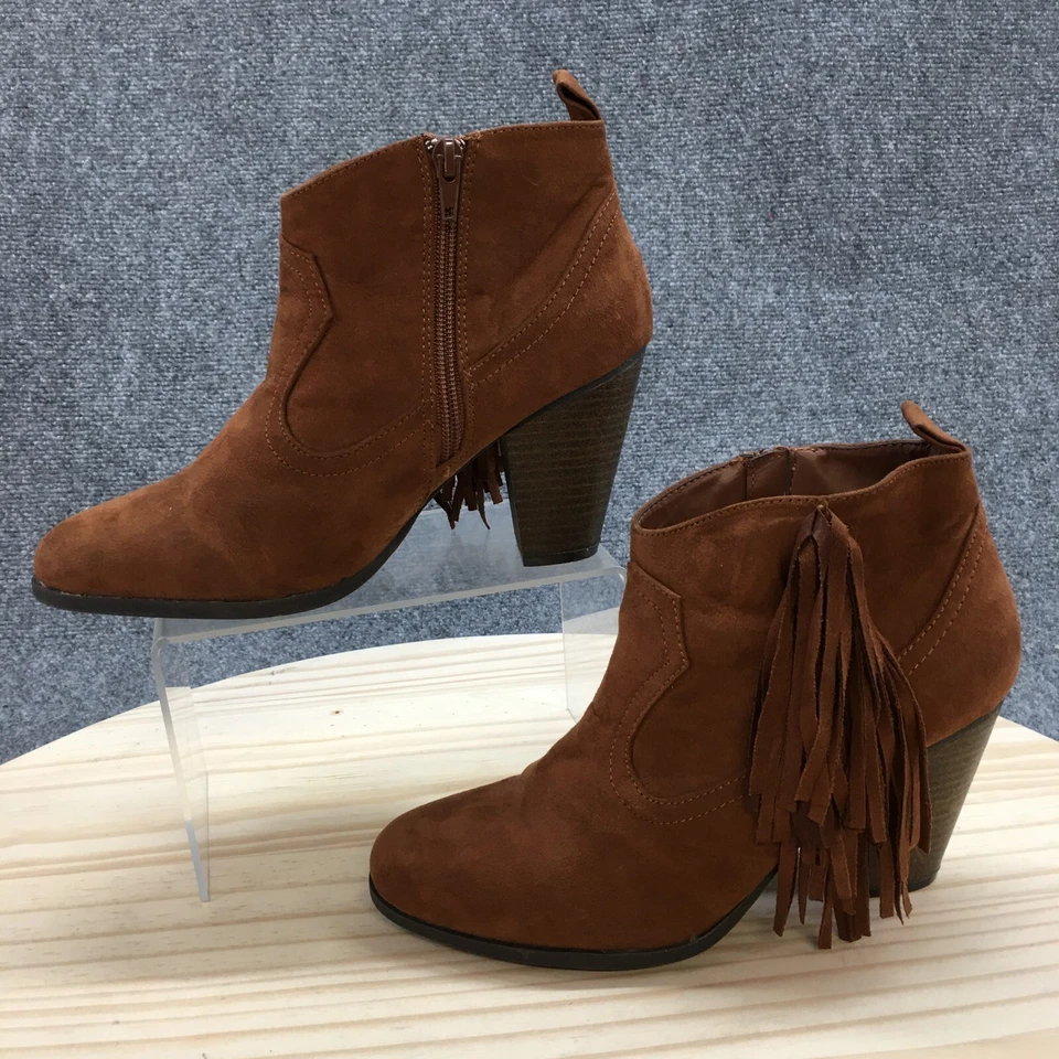 Qupid Boots Womens 7 Fringe Ankle Booties High Heels Casual Brown Fabric Zipper - Image 2 of 4