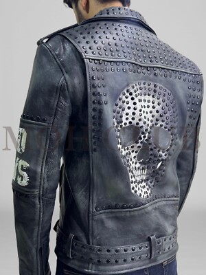 New Men's Punk Brando Black Studded skull Biker hand wax