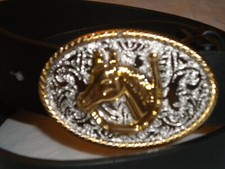 BRAND NEW BLACK BELT WITH A SILVER AND GOLD FANCY SMALL BUCKLE WITH A HORSE