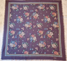 SCARF VINTAGE AUTHENTIC JAEGER LOGO FLORAL ART BLUE MAUVE GREEN WOOL 55" SQUARE