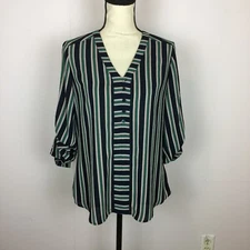 Express Shirt Blouse Sz S Womans Green Navy Blue Striped V-Neck Roll Tab Sleeve