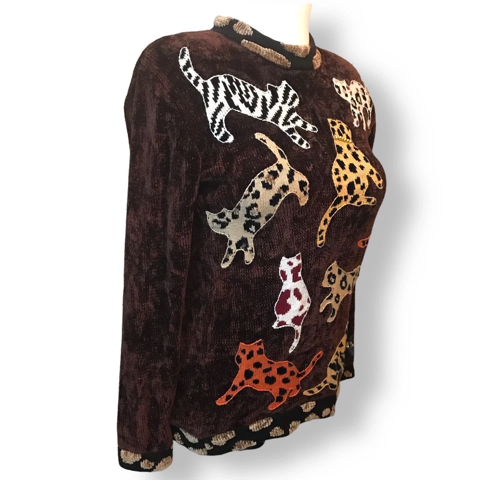 Suéter De Colección Berek Mujer Gato Imitación Piel Animal Estampado Chenilla Negro Marrón Talla XL Foto 4 de 4