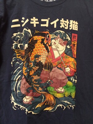 Black Matter The Cat and The Koi Graphic T-Shirt Navy Mens Sz M (m31)