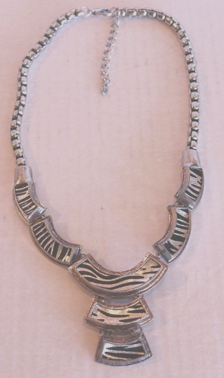 Zebra Pattern Silver Tone Bib Statement Necklace … - image 1