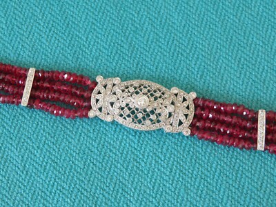 18K WHITE GOLD ART DECO LOOK 1.15 CT VS1 F DIAMOND & RUBY 4 STRANDS BRACELET