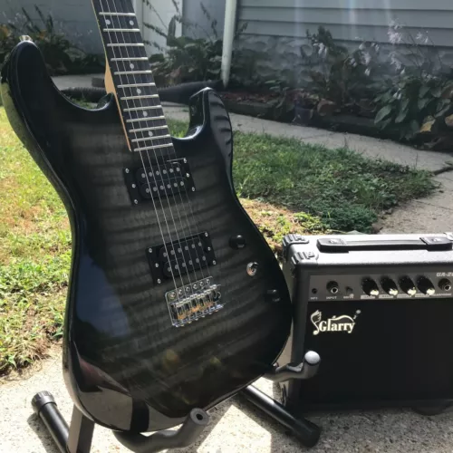 Black Electric Guitar Starter Package with Flamed Veneer Top 20-Watt Amp & More
