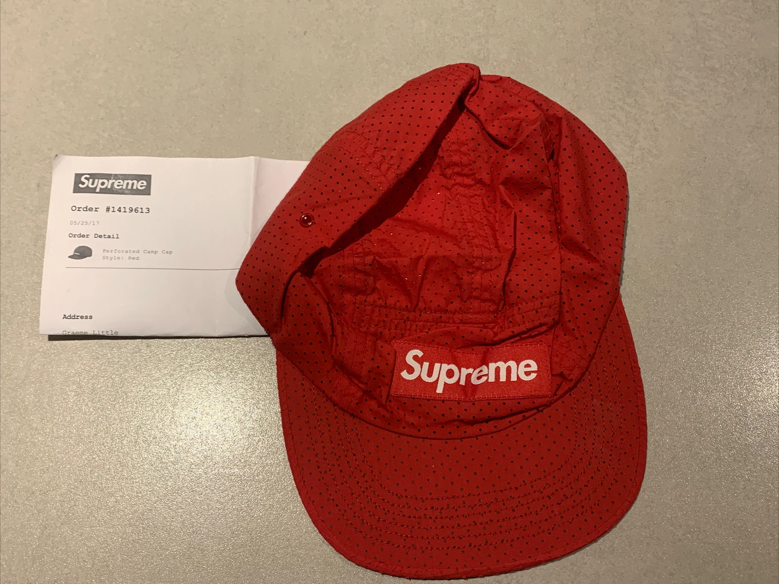 CASQUETTE DE CAMP PERFORÉE SUPRÊME REC SS17 NEUVE AVEC DÉTAILS D'ACHAT