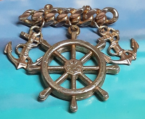 Nautical Anchor and Ship Wheel Gold Tone Brooch
