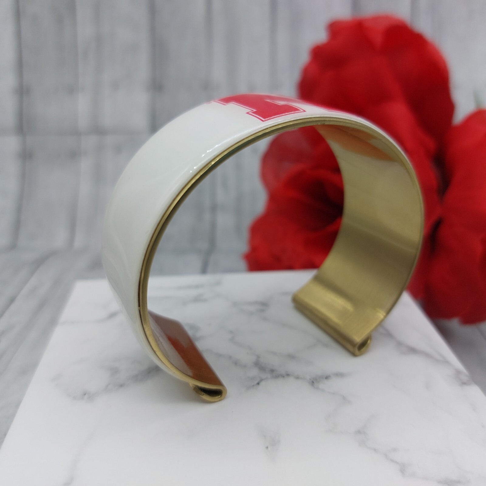 Signed Rustic Cuff Gold Tone Cuff Bracelet White … - image 3