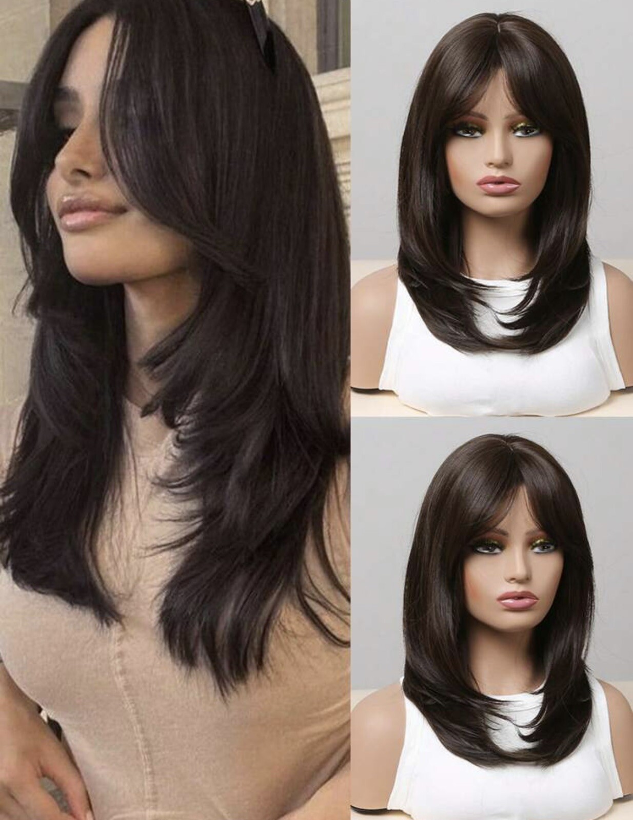 Perruque wig brun foncé femme cheveux courts lisses extensions synthétiques marron
