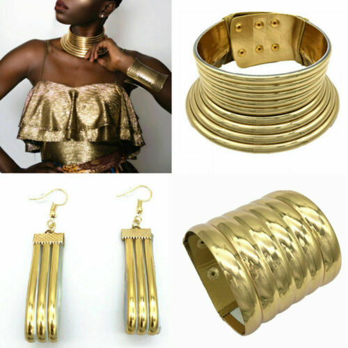 Retro Choker African Coil Collar Necklace Earring Bracelet Set Jewelry - Afbeelding 1 van 5
