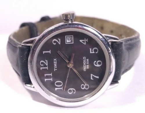 Women Timex Easy Reader Watch T2n525 Indiglo Silver Case Black Face Leather Band - Picture 2 of 9