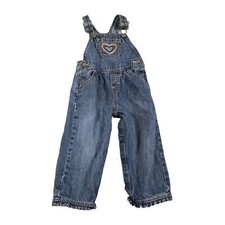 Vintage 90s OshKosh Overalls Girls 24 Month Blue Denim Embroidered Rainbow Heart