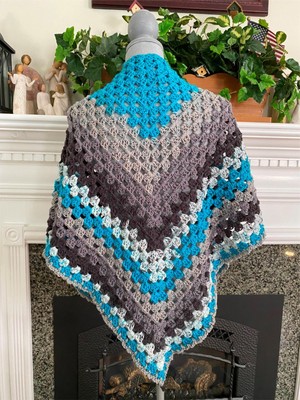 Handmade Crochet Triangle Granny Shawl Wrap Worsted Acrylic Yarn Blue Gray 66X30