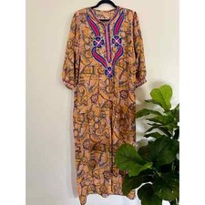 Vintage 70s Yellow Gold Embroidered Caftan Petite Maxi Dress