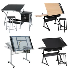 Adjustable Drafting Table Drawing Desk Tempered Glass Top Artist Craft Table