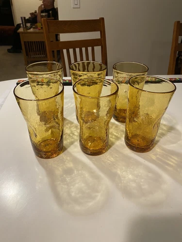 Vintage Blenko Large 6” Crackle Dimple Glass Tumblers Amber Set Of 6