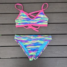 TYR Durafast Crosscut Tieback Bonzai Blue/multi  Striped Classic Bikini Sz L New