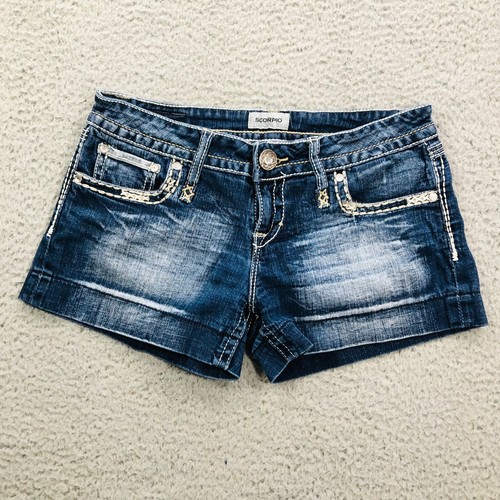 Daytrip Scorpio Shorts Women 29 Blue Denim Low Rise Thick Stitch Fade Rhinestone - Picture 3 of 10