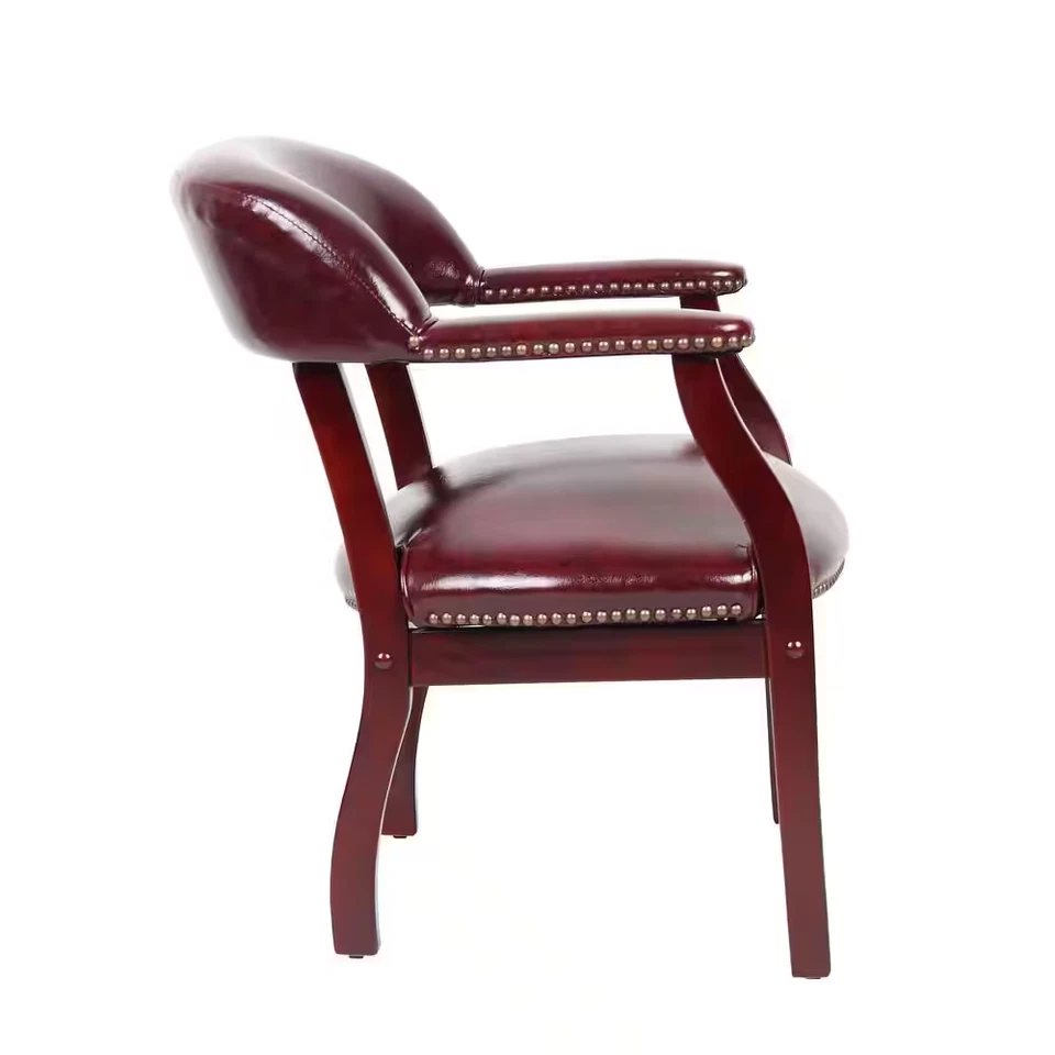 Captains Chair Burgundy Vinyl Mahogany Brass Nail Heads Classic Traditional - Image 3 of 4