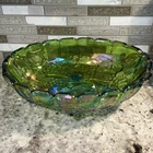 Vintage Green Iridescent Footed Oval Indiana Carnival Glass Harvest Fruit Bowl