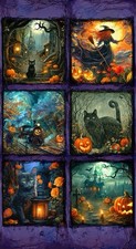 Robert Kaufman Moon Spell Night Cat Haunted House Witch Panel 100% Cotton Fabric