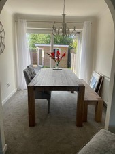 Solid Oak Dining Table & Matching Bench Set Rustic  Large Dining Room Furniture