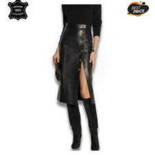 Women Genuine Lambskin Leather Midi Skirt High Waist Slit Button Pencil Custom