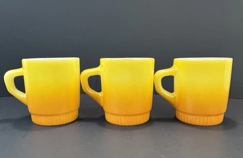 3 FIRE KING ANCHOR HOCKING MUGS Yellow Orange /Gold STACKING COFFEE MUGS Vintage