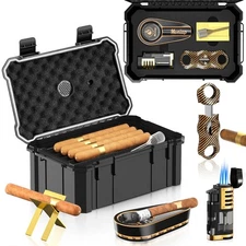 Travel Cigar Humidor Set with Torch Cigar Lighter, V Cigar Cutter, Cigar Asht...