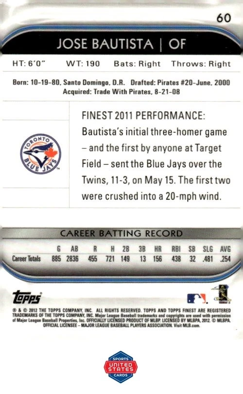 2012 Finest #60 Jose Bautista - Image 2 of 2