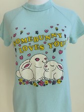 Vintage Somebunny Loves You Bunny T Shirt USA Made Single Stitch Pastel Blue XS